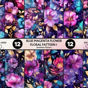 May include: A seamless pattern featuring blue, magenta, and gold flowers on a dark purple background. The pattern is 4000 x 4000 pixels and 300 DPI. It is called "Blue Magenta Flower Floral Pattern 1".
