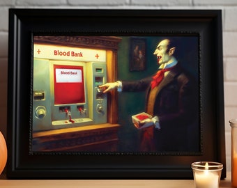 Dracula w banku krwi | Dekoracje na Halloween | Pobieranie cyfrowe | Sztuka na Halloween | Obraz olejny | Plakat vintage | Straszny Halloween