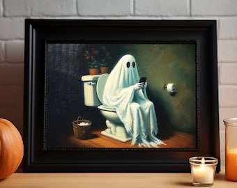 Fantôme sur les toilettes en regardant son téléphone | Décor d’Halloween | Téléchargement numérique | Art d'Halloween | Peinture à l'huile | affiche vintage | Décor de salle de bain