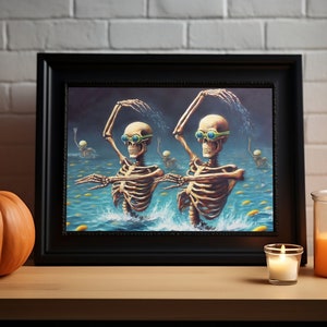 Skeletons Synchronized Swimmers | Halloween Decor | Digital Download | Halloween Art | Oil painting | Vintage Poster | Funny Halloween Decor