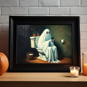 Ghost On Toilet Looking At His Phone | Halloween Decor | Digital Download | Halloween Art | Oil painting | Vintage Poster | Bathroom Decor