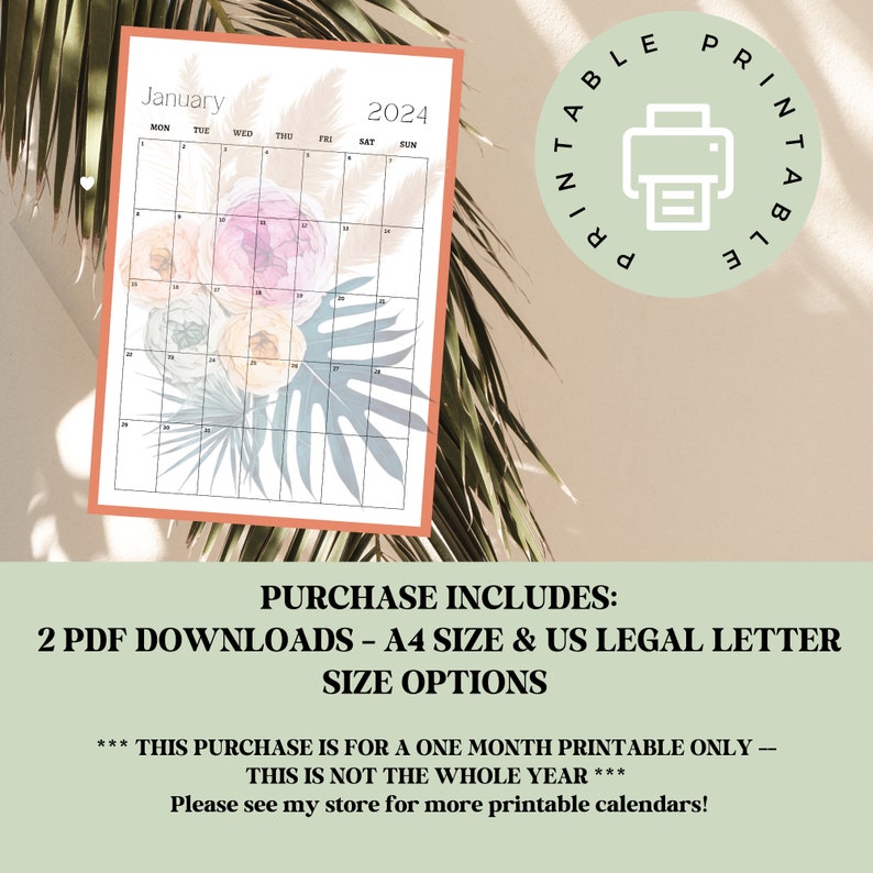 January 2024 Calendar Printable, Tropical Boho Modern Neutral Monthly