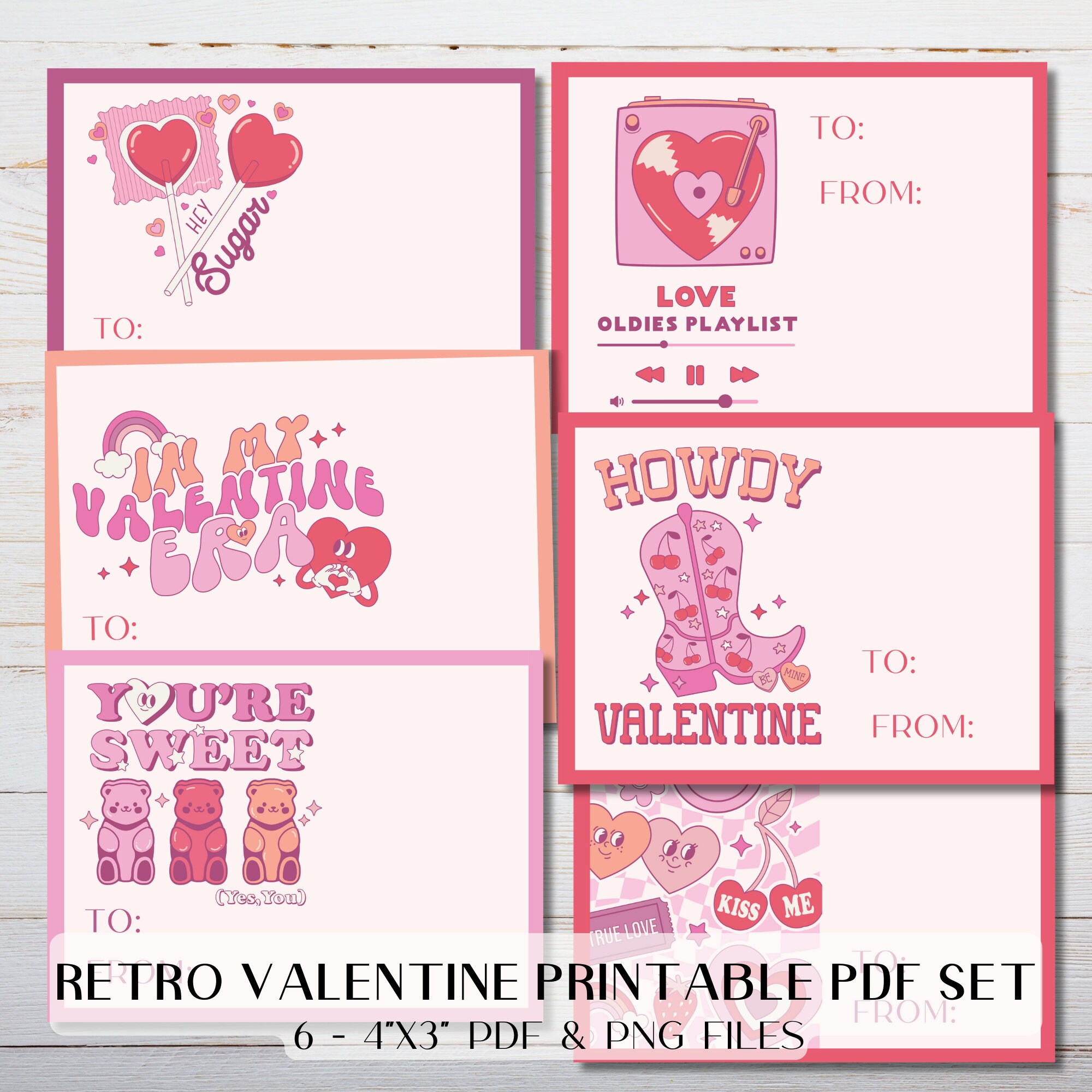 Retro Valentine Cards Printable PDF Instant Digital Download 4x3 Inch ...