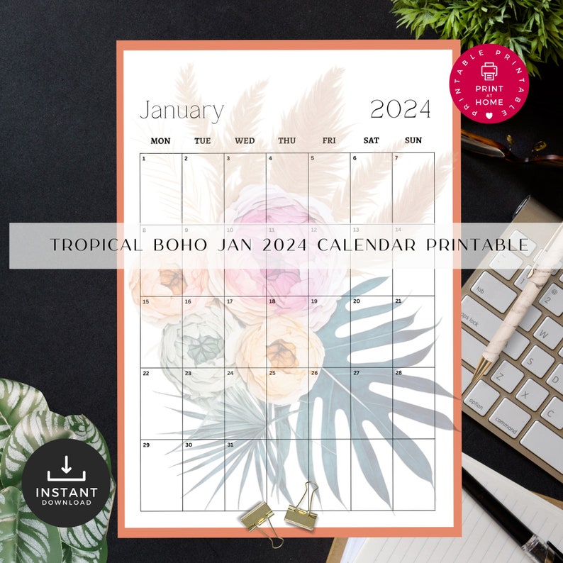 January 2025 Calendar Printable, Tropical Boho Modern Neutral Monthly