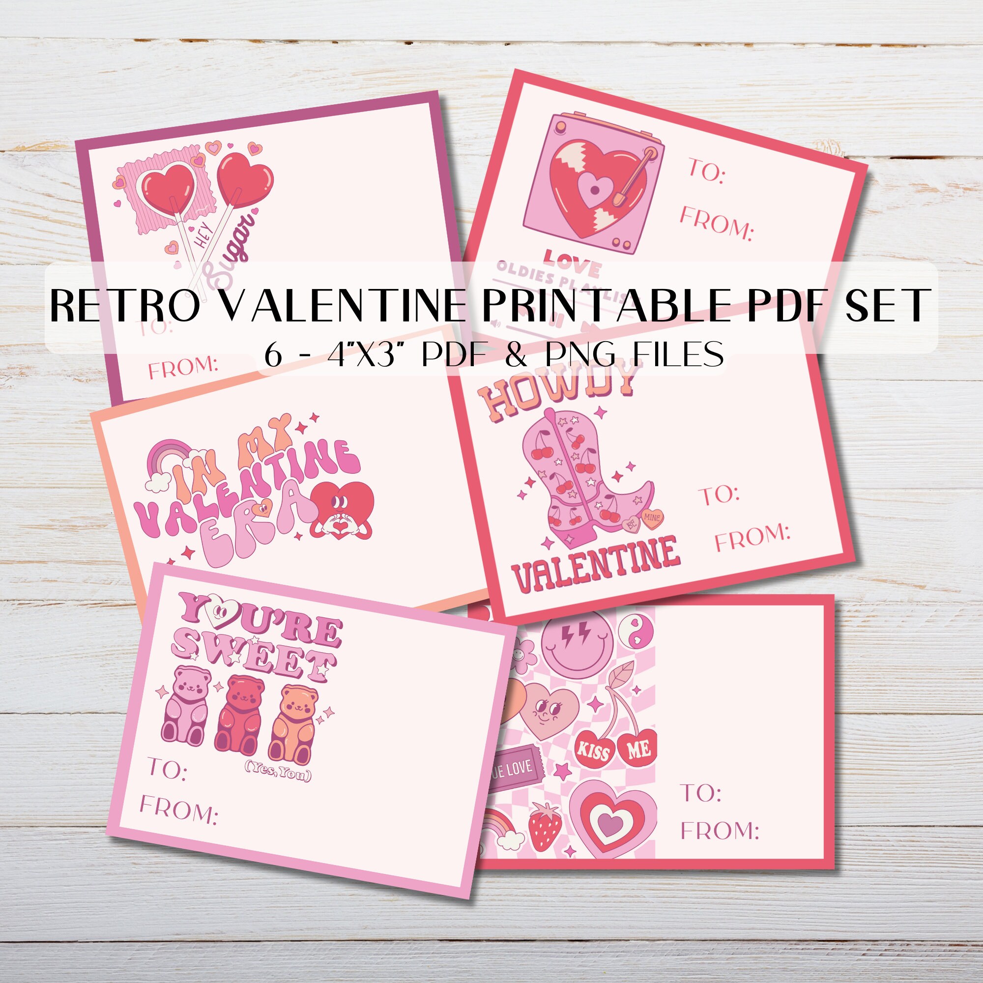 Retro Valentine Cards Printable PDF Instant Digital Download 4x3 Inch Cards Classroom Valentines ...