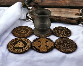 Viking Coasters Set of six wood Norse Mythology Inspired Viking Symbols and Runes Scandinavian Coffee Table Home and Living Décor Nordic.