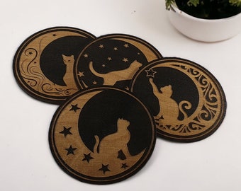 Cat and moon wood coasters Crescent Moonlight New Moon Cat Coasters Moon-themed Decor Cat and Moon Illustration Handcrafted Wooden Coasters.