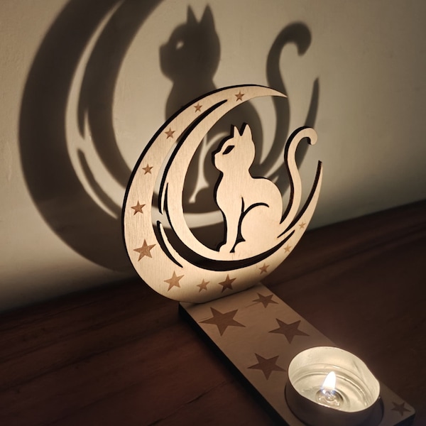 Moon Cat Shadow Tealight Holder by Craftygiftsplace