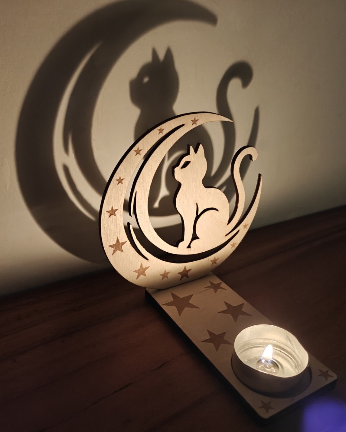 Theelichthouder met maan en kat van Craftygiftsplace
