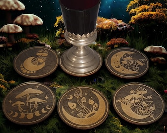 Paddestoel Maan Zwarte Houten Onderzetters Mystieke Paddestoel Maan Gegraveerde Houten Onderzetters Set van 6 Fantasy Cadeau voor hem cadeau voor haar Geek Gift