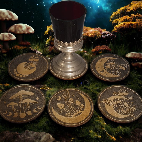 Mushroom Moon Black Wooden Coasters Mystical Mushroom Moon Engraved Wooden Coasters Set of 6 Fantasy Gift  for him gift for her Geek Gift