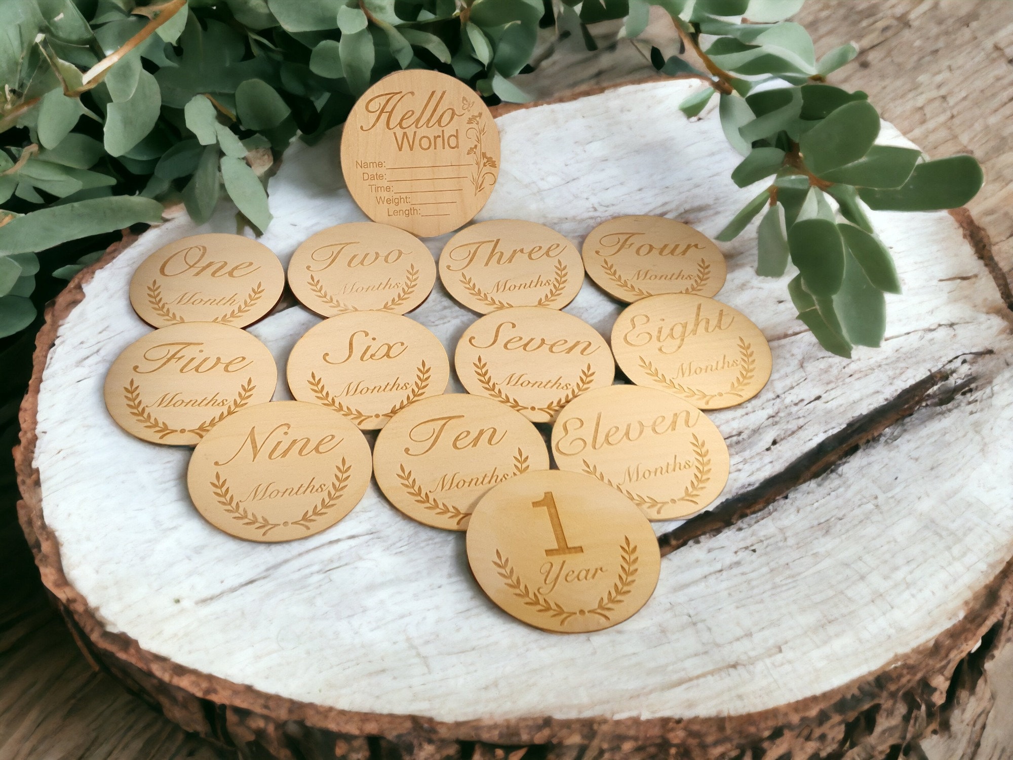 Wooden baby milestone discs for first-year photos