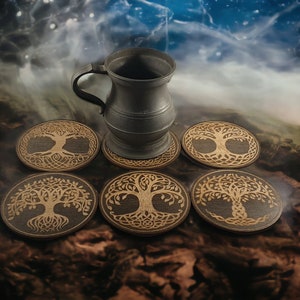 Tree of Life wood Coasters Eco-Friendly Home Decor Wooden Drink Coasters Nature-inspired Coasters Environmental Friendly Gifts Wood and Cork