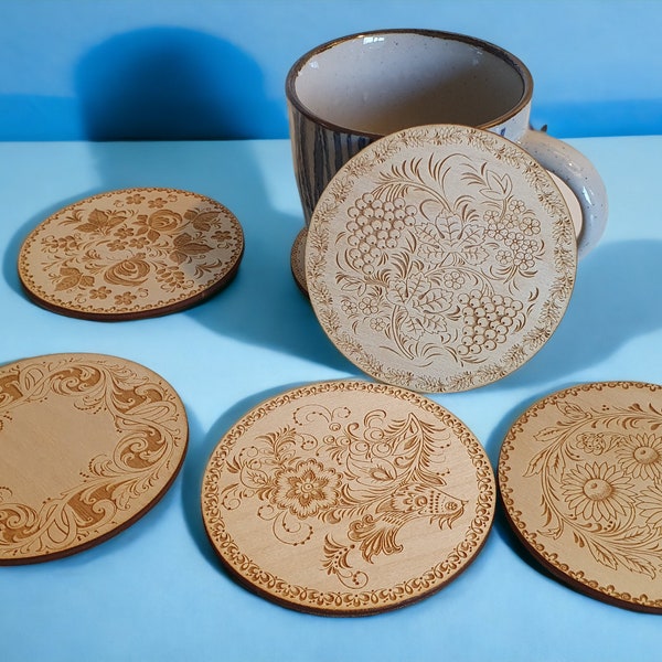 Set of 6 Floral and Bird Carved Wood Coasters with Sunflowers and Wine Motifs , Cork Backing Vintage-inspired Coaster Housewarming Gift Idea