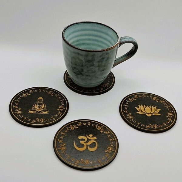 Boeddha, OM en lotus houten onderzetters van Craftygiftsplace