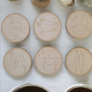 Set of 6 Animal Drawings Wood Coasters - Pablo Picasso Inspired Wildlife Art -Handcrafted Eco-Friendly Coasters, Coffee Table Art,Art Lovers