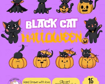 Black Cat Halloween Clipart Set: Hand-Drawn PNGs (Digital Download)