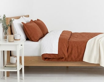 Katoenen beddengoedset van zacht gewassen terracotta beddengoed met kokosknopen, Queen King Twin 100% vlaskatoen dekbedovertrek, 3 linnen beddengoed