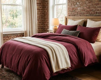 Komplet pościeli lnianej w kolorze bordowym, 100% bawełny, miękka i oddychająca, w luksusowym stylu boho, zestaw pościeli lnianej, poszewka na kołdrę w stylu rustykalnym