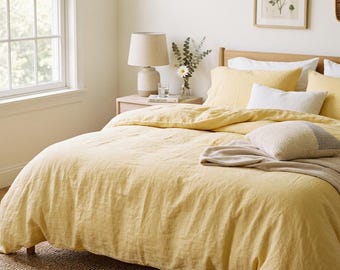 Pastelgele katoenen dekbedovertrekset, stonewashed knus beddengoed, lichtgele linnen beddengoedset