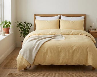 Juego de ropa de cama de algodón en amarillo pastel, suave y lavado, con botones de coco, funda nórdica de lino y algodón 100% para camas Queen, King y Twin, 3 piezas.