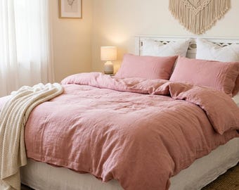 Cotton Bedding Set in Baingan SOFT Washed Bedding with Coconut Buttons, Queen King Twin 100% Flax Cotton Duvet Cover, 3 Pcs Linen