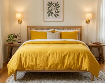 Komplet pościeli bawełnianej w kolorze żółtym, z miękką, praną pościelą i guzikami kokosowymi, poszwa na kołdrę w rozmiarze Queen King Twin, 100% len bawełniany, 3 szt. pościeli lnianej