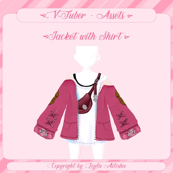 VRoidStudio: Legere Jacke mit T-shirt, Unterhemd und Umhänge Tasche an FF14 angelehnt (NUR OBERTEIL, pink Jacket, shoulder bag, white)