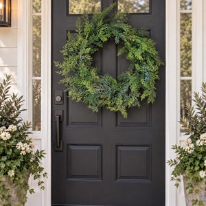 May include: A circular wreath made of lush green cedar branches with varying shades of emerald and sage foliage. The wreath is mounted on a solid matte black front door featuring rectangular panels, a vertical handle, and a deadbolt lock.