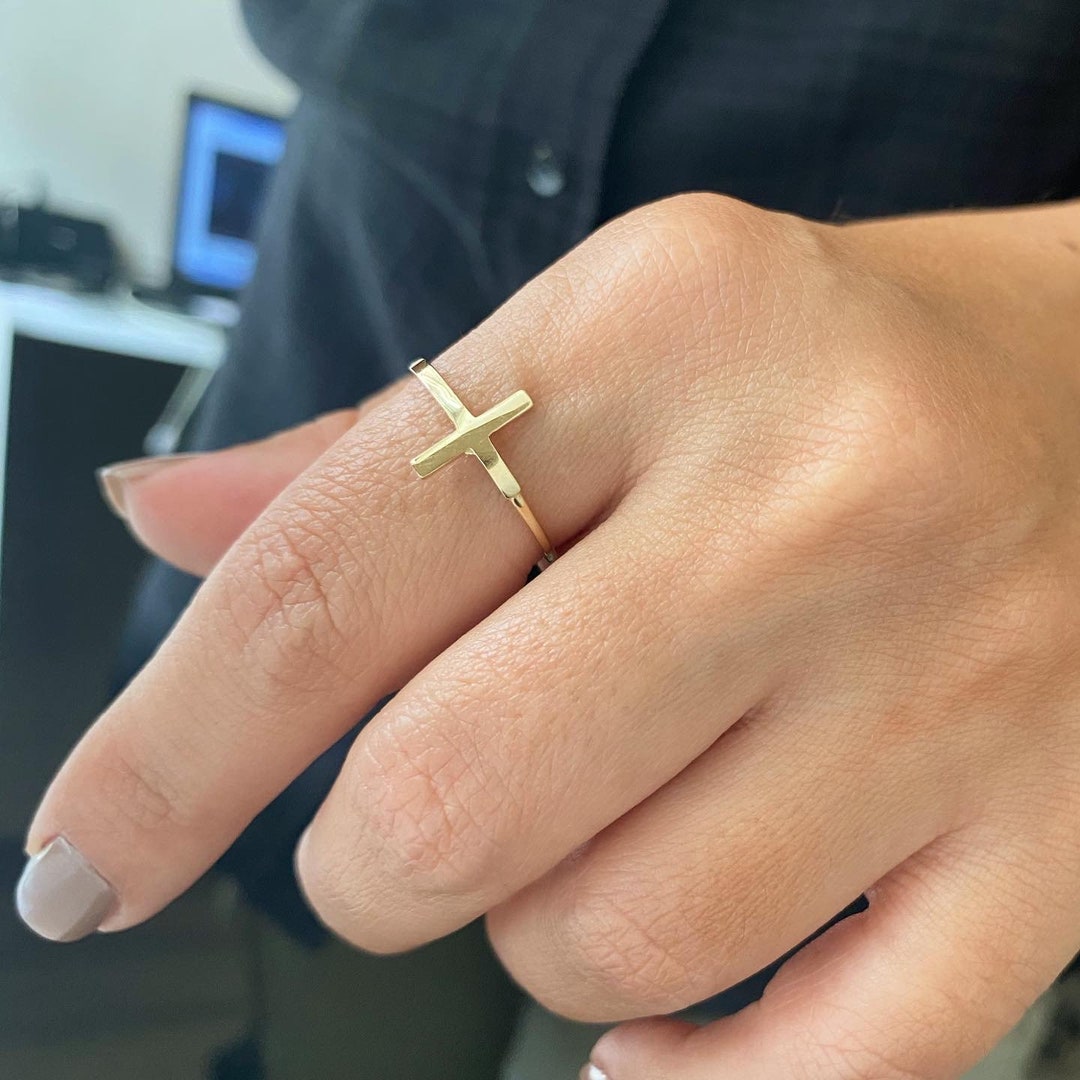 14K Gold Cross Ring Religious Gold Ring Minimal Religious Ring Etsy