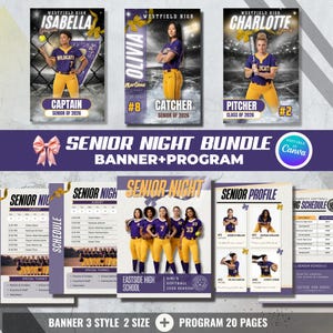 May include: A Senior Night bundle featuring banners and programs. The banners showcase softball players in purple and gold uniforms. The program includes schedules and player profiles. The bundle is editable in Canva.