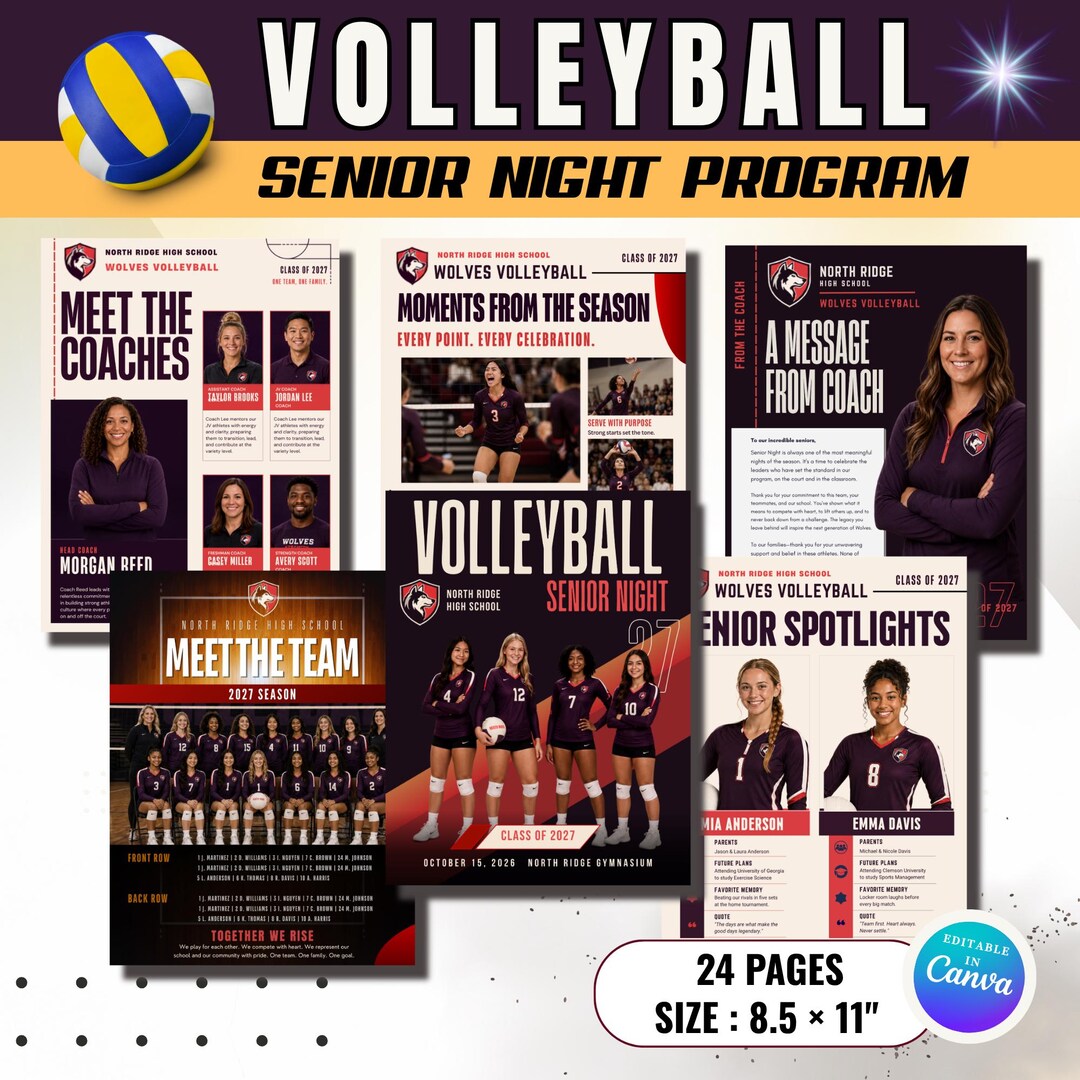 Volleyball Senior Night Program Template, 24 Pages, Editable Canva Team ...