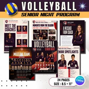 Può includere: Un modello di programma per la serata senior di pallavolo di 24 pagine che misura 21,59 per 27,94 cm, con foto della squadra, profili degli allenatori e riflettori sui giocatori per la North Ridge High School, in viola e rosso.