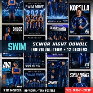 May include: A digital collection of 12 sports poster templates for a high school swim and dive team. The designs feature athletes in blue swimsuits, team photos, and text including North Ridge High, Senior Night, and Class of 2027. Size 18x24 and 24x36.