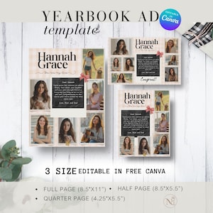 Może przedstawiać: Szablon reklamy do rocznika z tekstem "Yearbook Ad template" i "Hannah Grace". Projekt zawiera zdjęcia, tekst i różową kokardę. Reklama jest edytowalna w Canva i jest dostępna w trzech rozmiarach: pełna, pół i ćwierć strony.