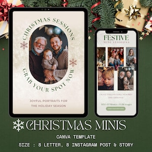 May include: A digital advertisement for Christmas mini photo sessions. The image shows a tablet and a phone displaying promotional graphics. The tablet features a family portrait, while the phone showcases multiple family photos. Text includes "Christmas Sessions" and "Festive Mini Sessions."