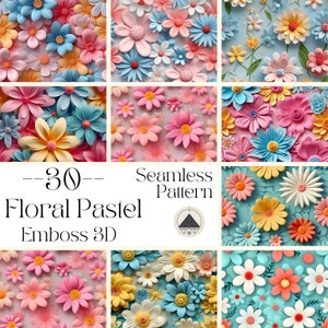 Seamless Embroidered Pastel Floral Patterns, 3d Flower Digital Paper Pack, Seamless Pattern, Flower Background, Seamless Texture, Scrapbook