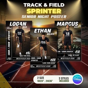 May include: A track and field senior night poster featuring three sprinters in black uniforms. The poster includes the text "Track & Field Sprinter Senior Night Poster" and the sizes 18x24 and 24x36 inches.