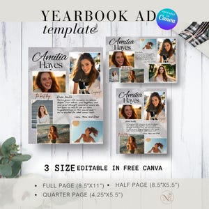 May include: Yearbook ad template with the name "Amilia Hayes" and photos. The design includes text that reads "the best day" and "Congrats!" The ad is available in three sizes: full page (8.5"x11"), half page (8.5"x5.5"), and quarter page (4.25"x5.5").
