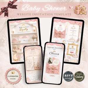 Könnte beinhalten: Eine Babyparty-Website-Einladungsvorlage, die auf Tablets und Telefonen angezeigt wird. Das Design zeigt rosa und goldene Akzente, Schleifen und den Text "Baby Shower" und "Baby Olivia's Registry". Enthält animierte Seiten und RSVP-Informationen.