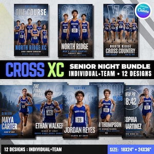 May include: A digital bundle of 12 cross country senior night poster designs featuring individual and team athletes in blue uniforms. The posters include text such as North Ridge XC, Senior Night Bundle, and athlete names with 18x24 and 24x36 sizes.