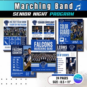 May include: A digital template for a 24-page marching band senior night program, measuring 8.5 by 11 inches. The design features blue and white color schemes, Westbrook High School branding, photos of performers, event schedules, and text.