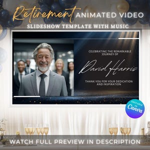 Puede incluir: Plantilla de presentación de diapositivas de jubilación animada con música. Presenta a un hombre sonriente en traje. El texto incluye "Retiro Video Animado", "Celebrando el notable viaje de David Harris" y "Gracias por su dedicación e inspiración".