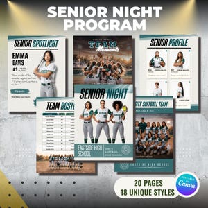 Peut inclure: Plusieurs modèles de programmes d'équipe de softball. Les designs présentent des photos d'équipe, des profils de joueurs et le texte "Senior Night Program". Les modèles incluent le texte "Senior Spotlight", "Team Moments" et "Team Roster".