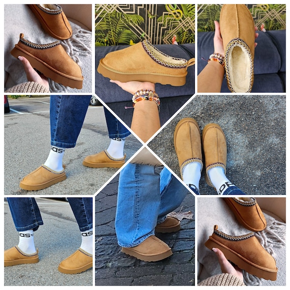 Chunky Camel Faux Suede Embroidered Cozy Slipper Boots. Chestnut Fur Linen Slipper Boots.chestnut Fur Linen Boots. Faux Ugg Style. Etsy