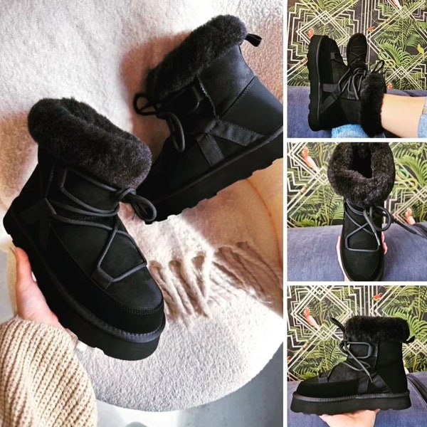 Black fur linen Chunky Ankle Winter Boots, Emu style, platform .Fur linen.Black fur linen Ankle boots. faux fur lining boots in black
