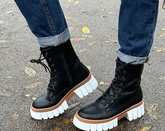Black Leather-Look Lace Up Biker shoes. Black Chunky boots. Ankle boots.