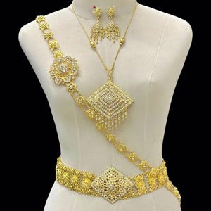 Thai Jewelry Set – Traditional Gold Enamel Necklace, Earrings, Belt & Sash for Bride