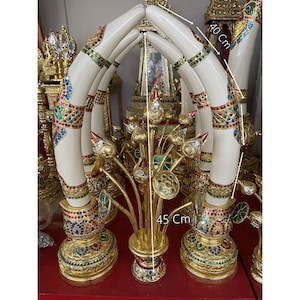 Carved Wood Elephant Tusks: Golden Base, Glass Inlay - Feng Shui Decor (45cm)