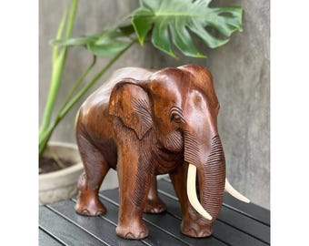 Hand Carved Wooden Elephant Statue: Thai Altar Decor, Lucky Gift 6" Size